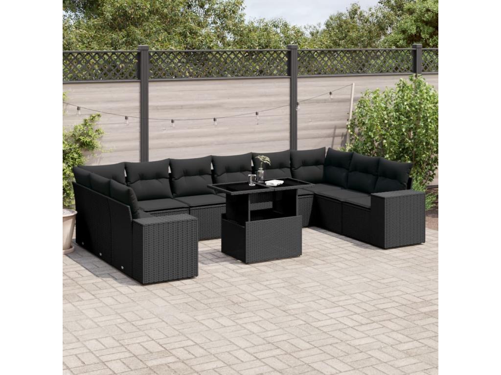 Ensemble de mobilier de jardin 11 pièces en résine tressée noire avec coussins - dlz1766572867004