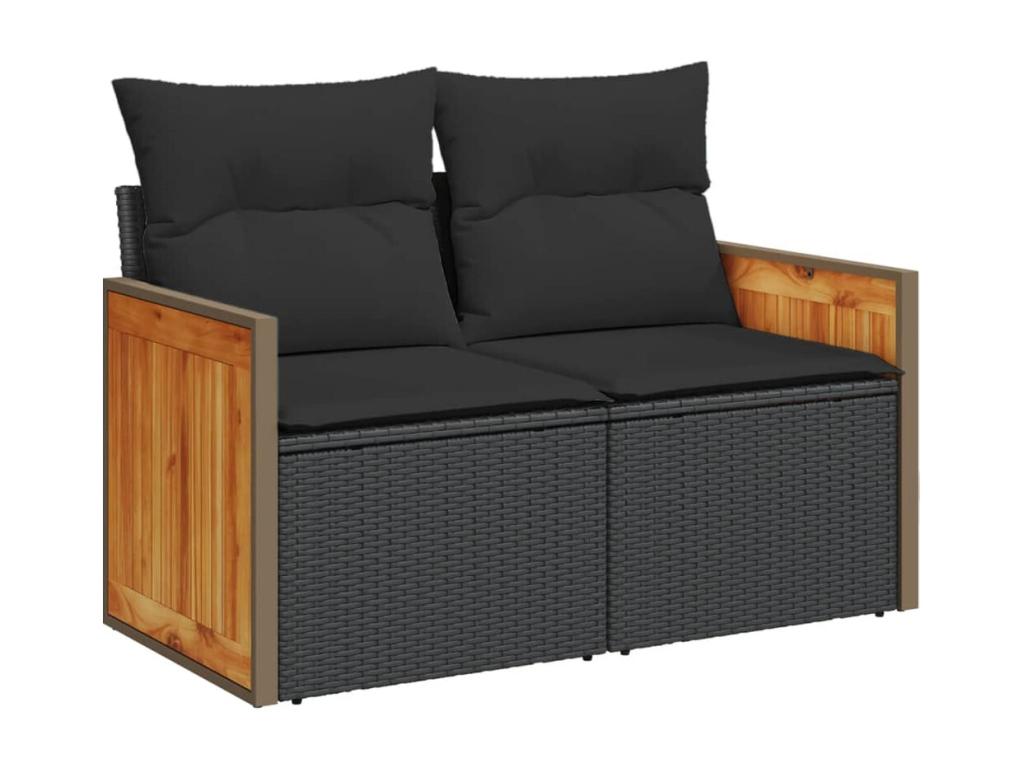Ensemble de mobilier de jardin 9 pièces en résine tressée noire, avec coussins