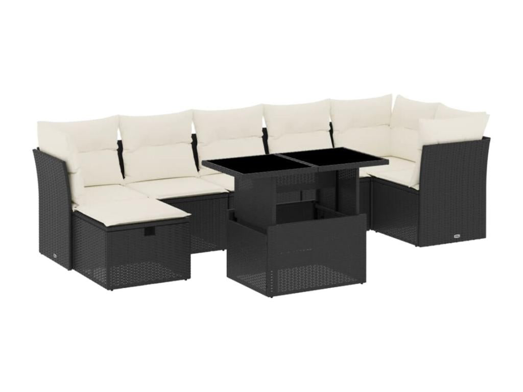 Ensemble de mobilier de jardin 8 pièces en résine tressée noire, avec coussins