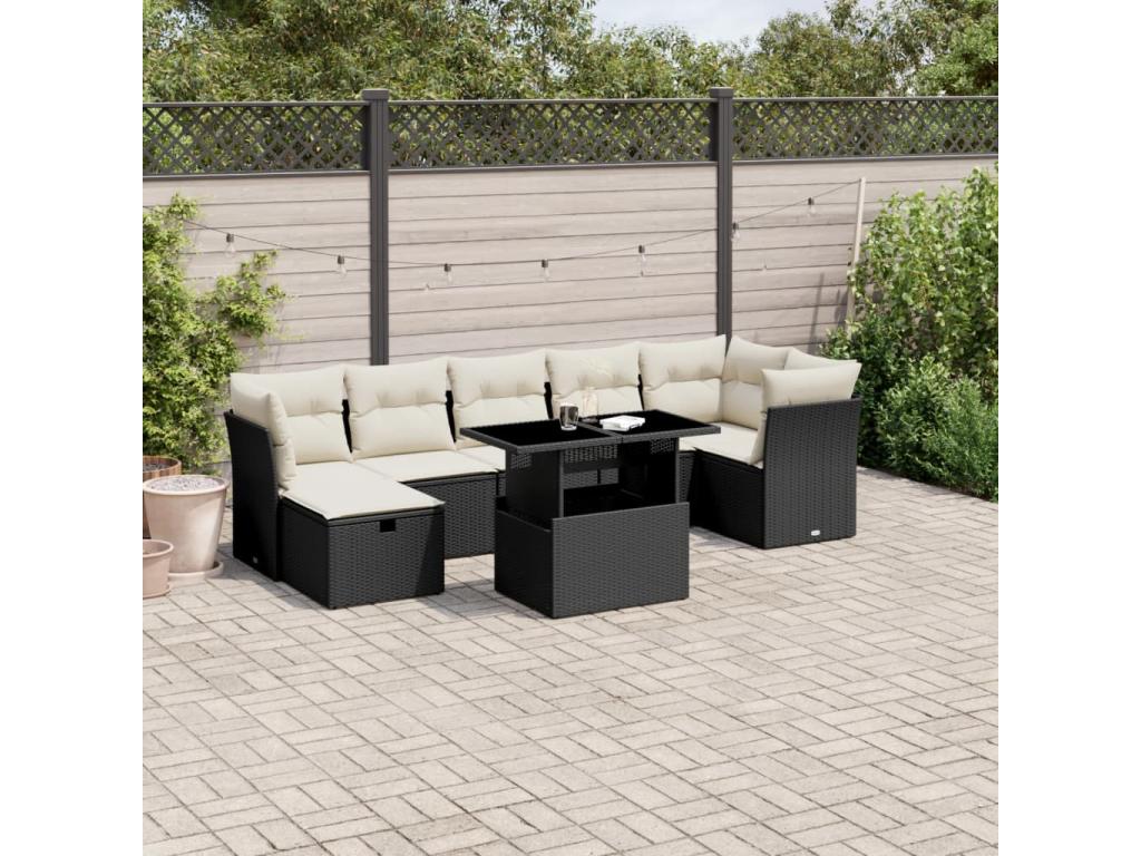 Ensemble de mobilier de jardin 8 pièces en résine tressée noire, avec coussins