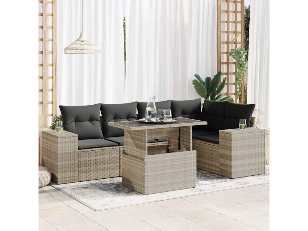 Ensemble de mobilier de jardin 6 pièces en résine tressée grise avec coussins - dlz1766572959886