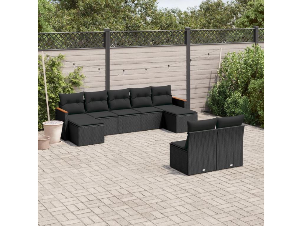 Ensemble de mobilier de jardin 9 pièces en résine tressée noire, avec coussins - dlz1766572664995