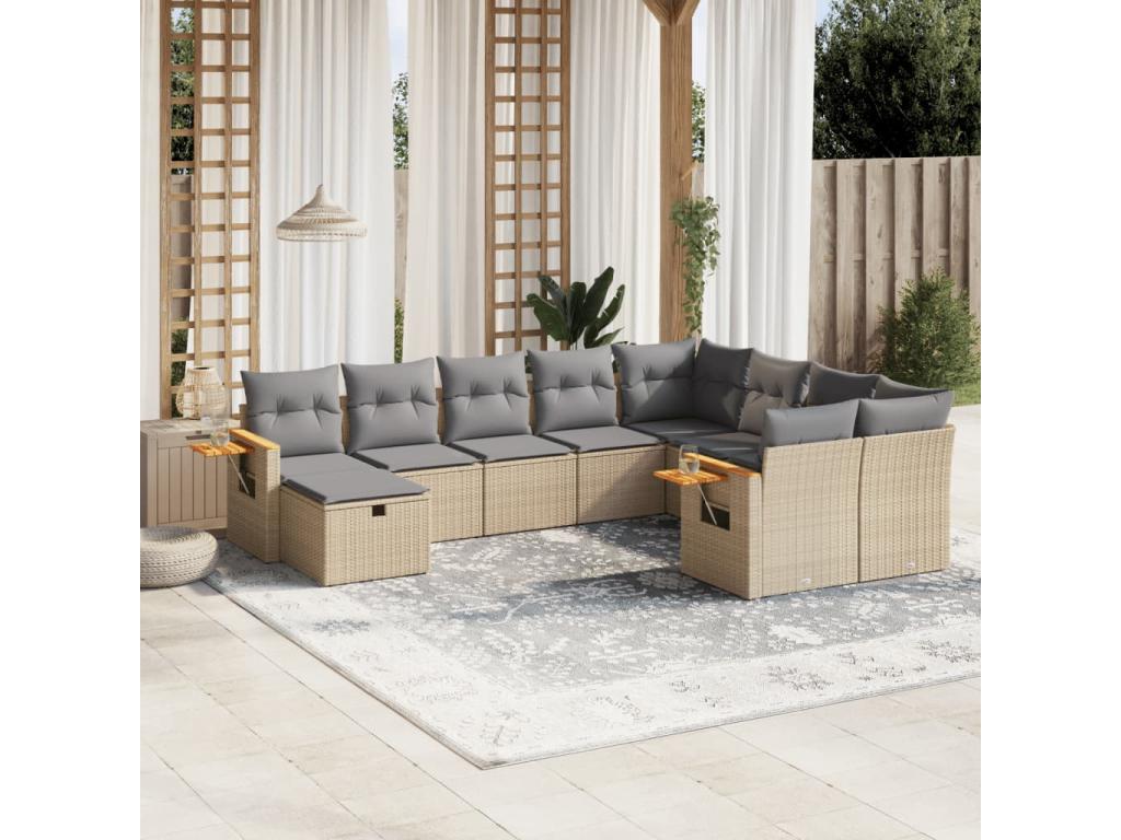 Ensemble de mobilier de jardin 10 pièces en résine tressée beige, avec coussins - dlz1766572480460