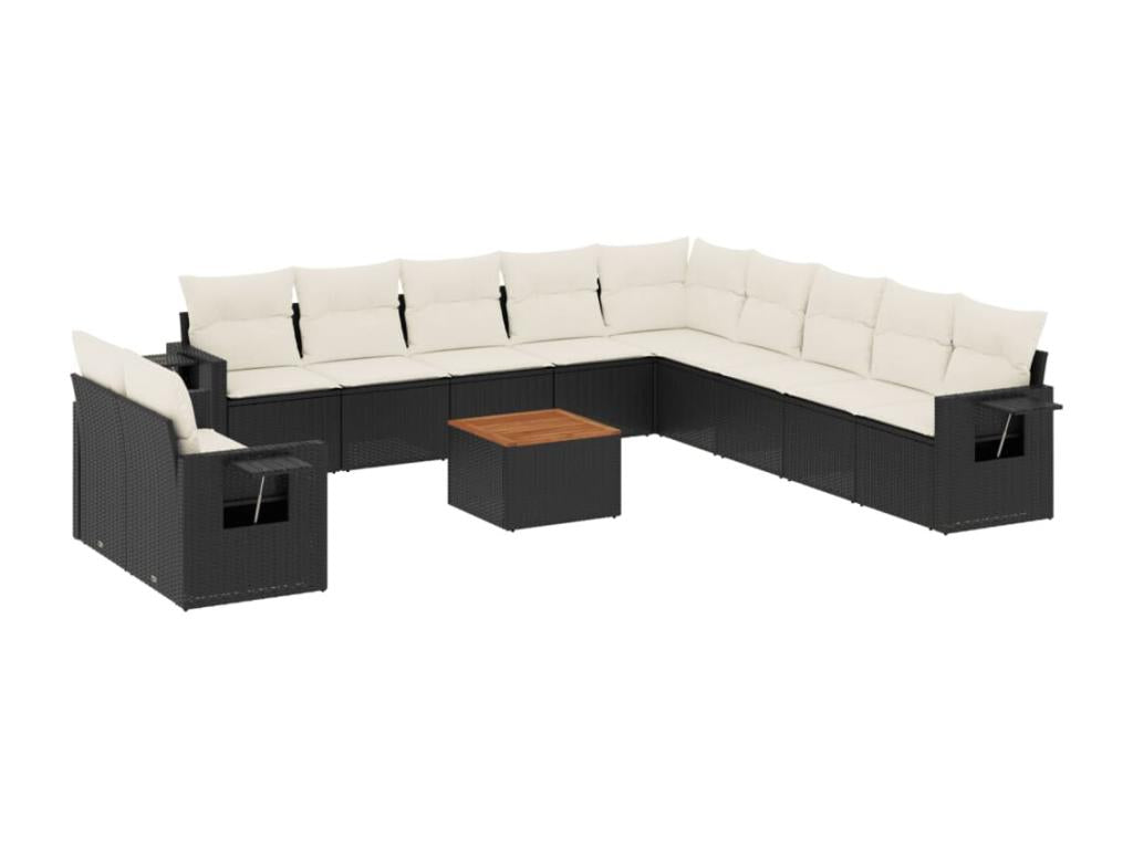 Ensemble de mobilier de jardin 12 pièces en résine tressée noire, avec coussins