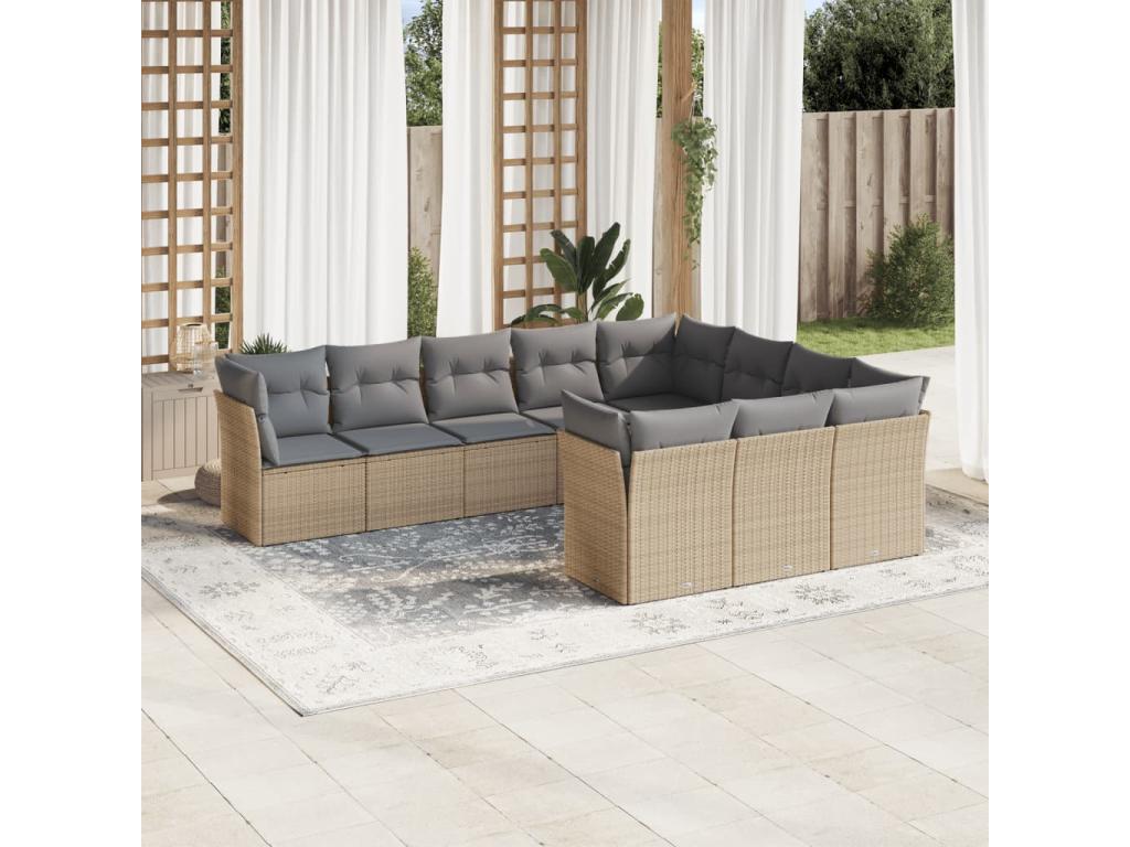 Ensemble de mobilier de jardin 10 pièces en résine tressée beige, avec coussins - dlz1766572603826