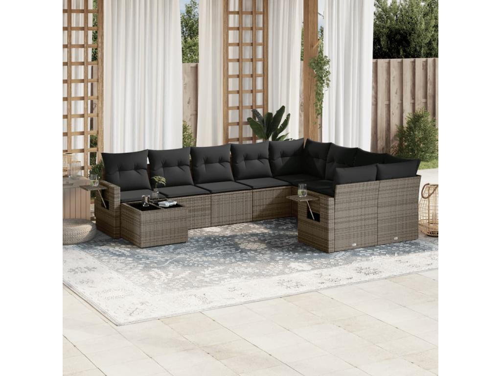 Ensemble de mobilier de jardin 10 pièces en résine tressée grise, avec coussins - dlz1766572777691