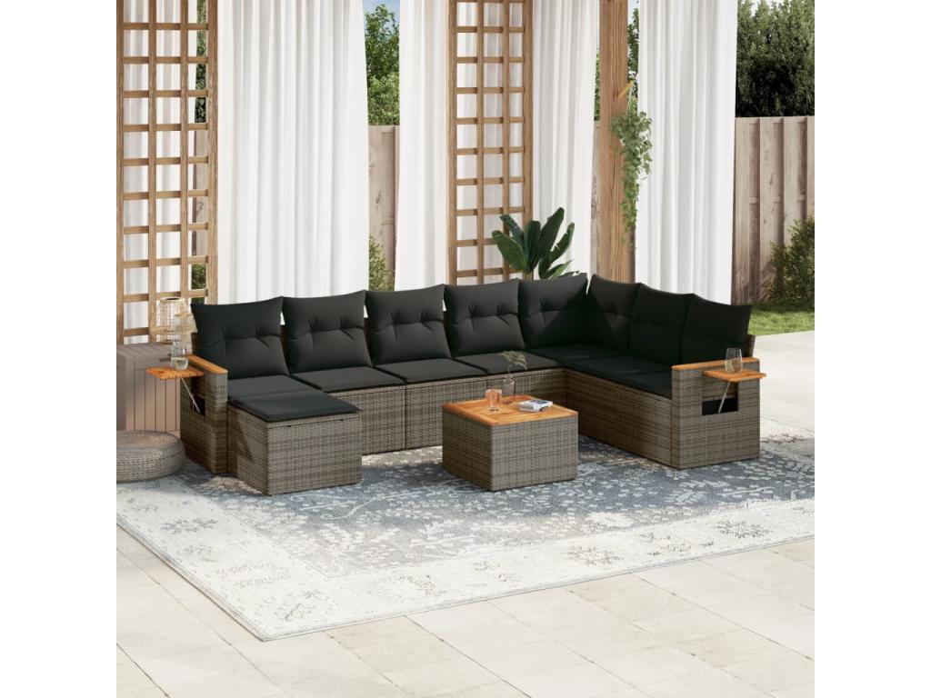 Ensemble de mobilier de jardin 9 pièces en résine tressée grise, avec coussins - dlz1766572949867