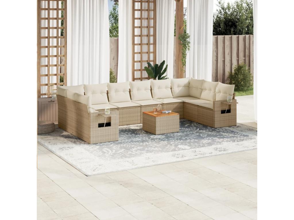 Ensemble de mobilier de jardin 11 pièces en résine tressée beige, avec coussins
