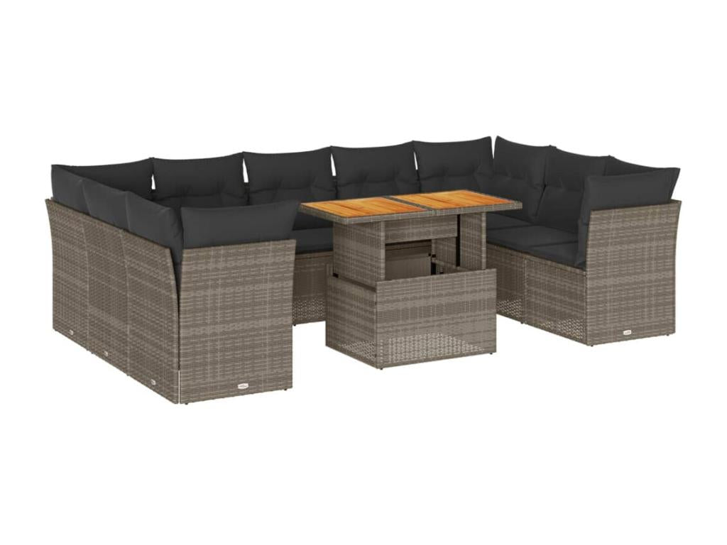 Ensemble de mobilier de jardin 10 pièces en résine tressée grise, avec coussins