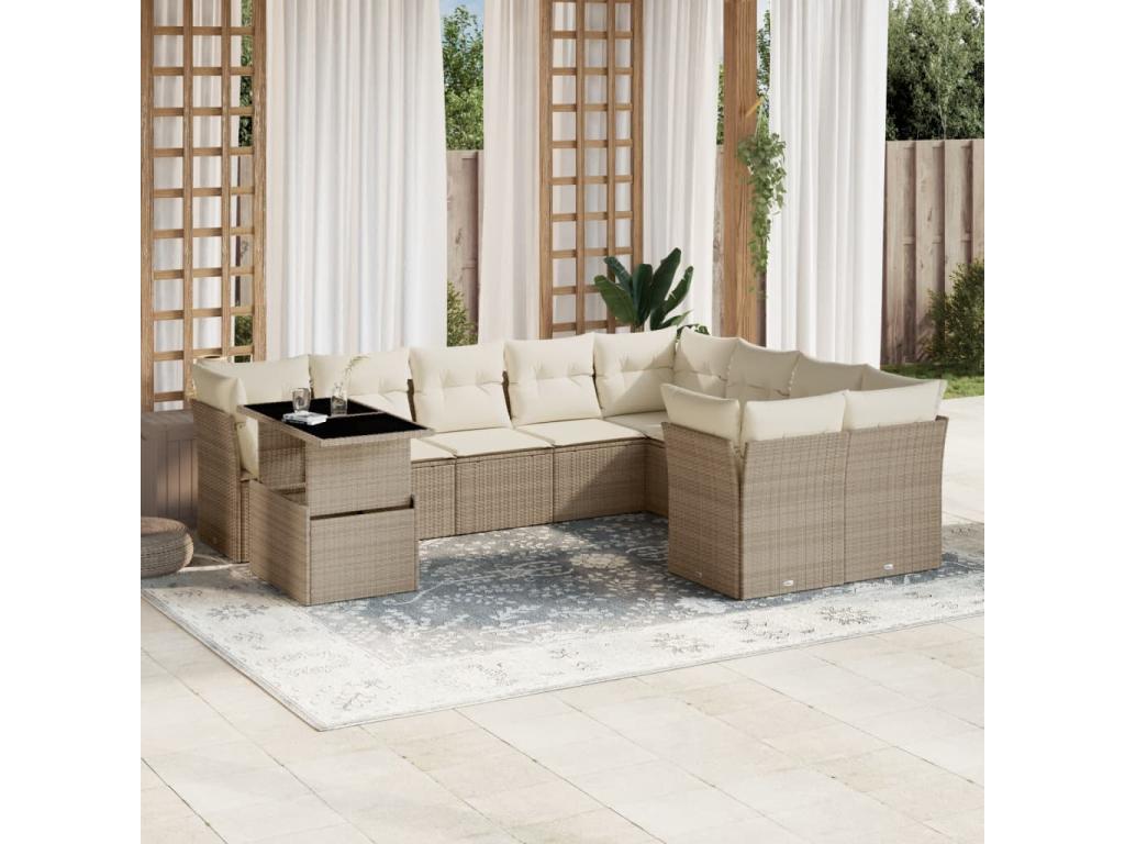 Ensemble de mobilier de jardin 10 pièces en résine tressée beige, avec coussins - dlz1766572968323