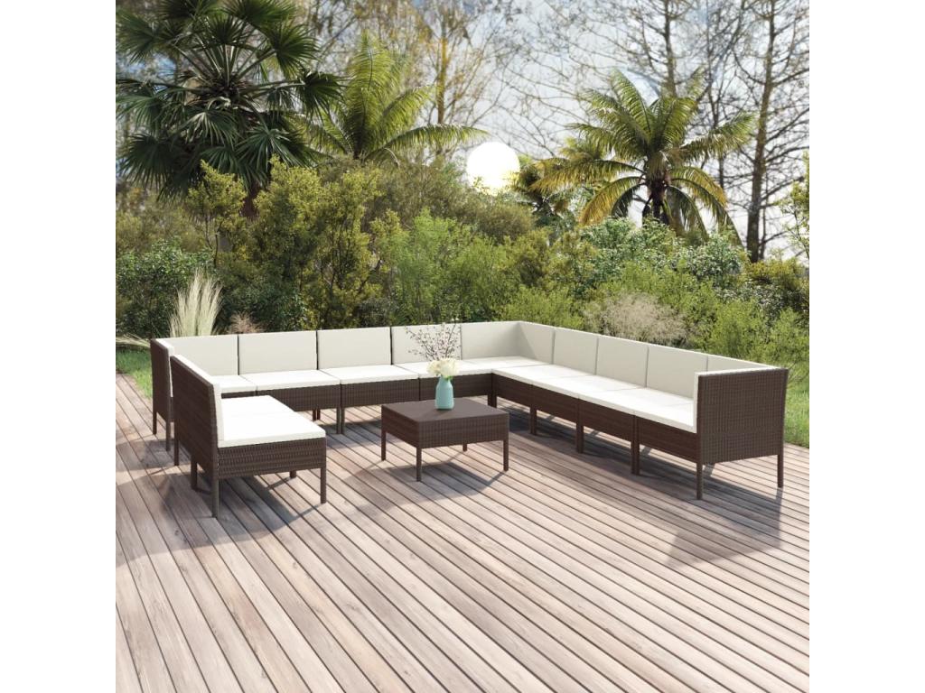 Ensemble de mobilier de jardin 12 pièces en résine tressée marron, avec coussins
