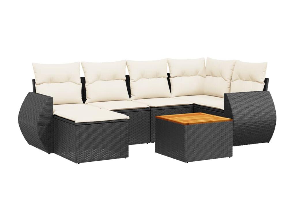 Ensemble de mobilier de jardin 7 pièces en résine tressée noire, avec coussins