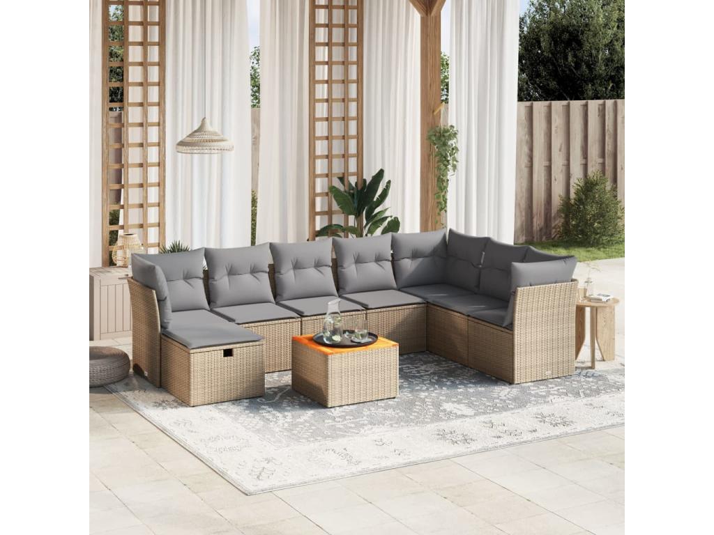 Ensemble de mobilier de jardin 9 pièces en résine tressée beige, avec coussins - dlz1766572846913