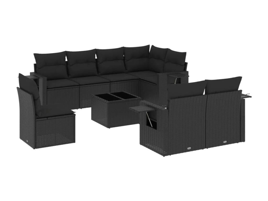 Ensemble de mobilier de jardin 9 pièces en résine tressée noire avec coussins - dlz1766572852250