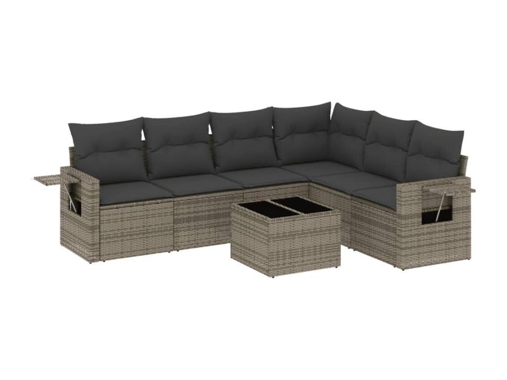 Ensemble de mobilier de jardin 7 pièces en résine tressée grise, avec coussins