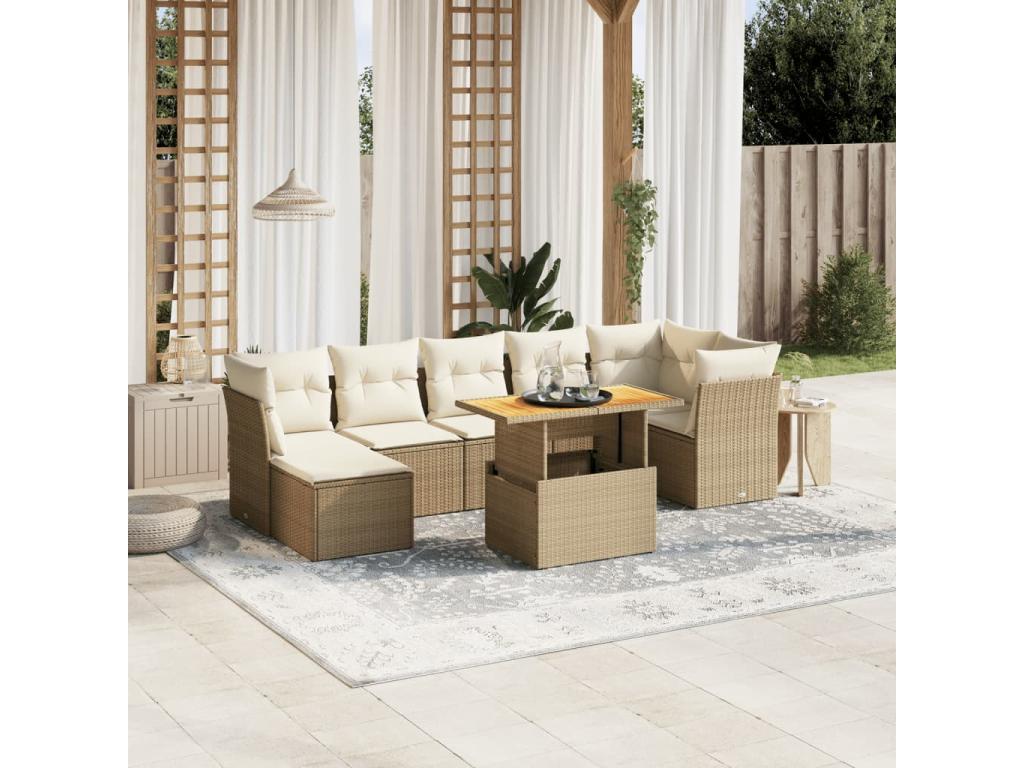 Ensemble de mobilier de jardin 8 pièces en résine tressée beige, avec coussins