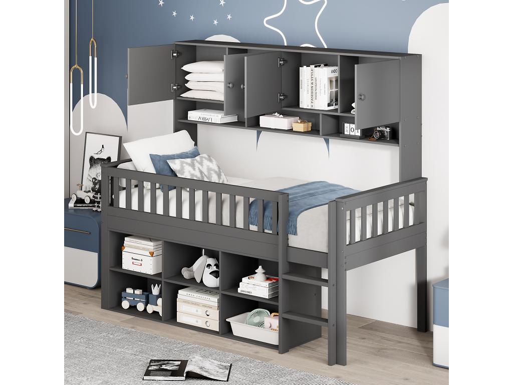 Lit gris avec rangement, 90 x 200 cm
