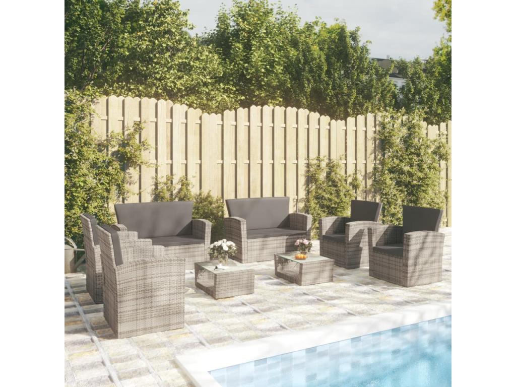 Ensemble de mobilier de jardin 8 pièces en résine tressée grise, avec coussins