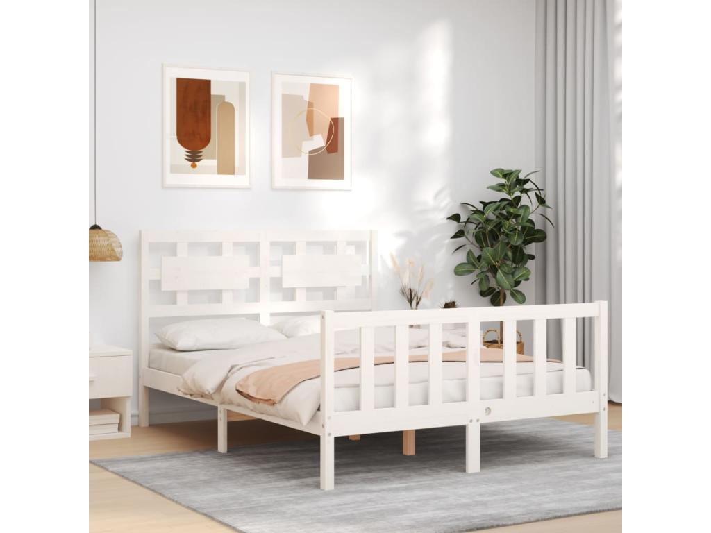 Cadre de lit en bois massif blanc, 140 x 190 cm